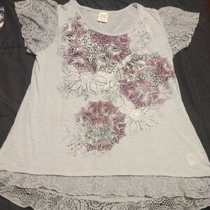 Faded Glory White and Pink Asymmetrical Graphic Blouse​​